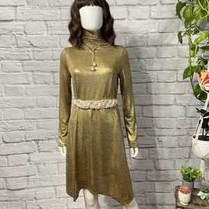 Cristina B Gold Asymmetrical Hem Midi Dress